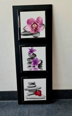 3 schilderijtjes met orchideeën op houten plaat 58x22 cm