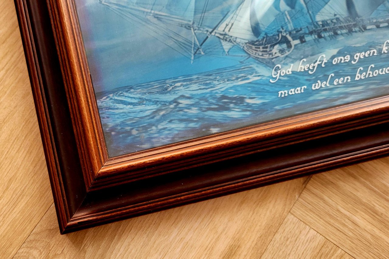 Vintage 3D Clipper Schip Hologram in Houtenlijst