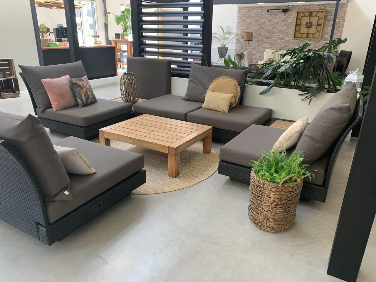 Loungeset zwart met ALL WEATHER kussens en 3 tafels.