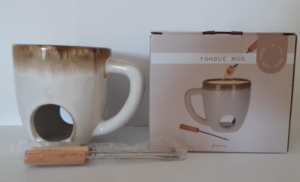 Fondue mok van Jens Living, beige, chocolade of kaas met 2 fonduevorkjes