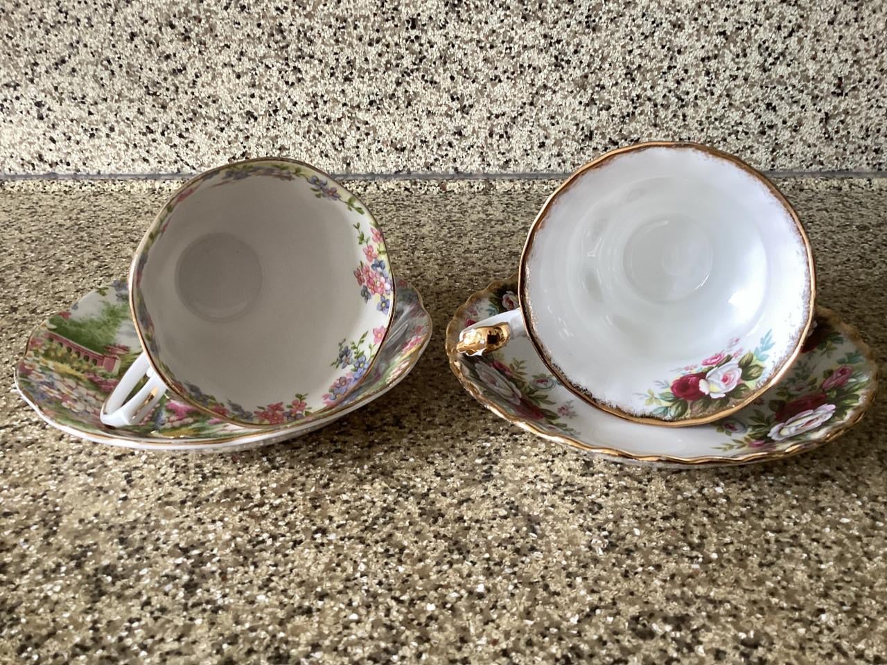 Kop en schotels. Merk: Royal Albert. Kentish Rockery en Celebration