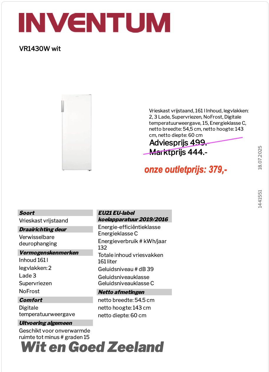 Vrijstaande vrieskast, Inventum, 5JAAR FABRIEKSGARANTIE (Nieuw/Outlet)