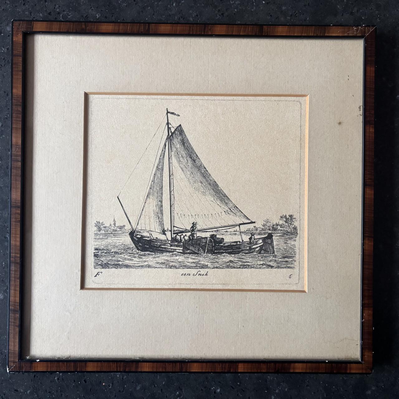 Litho van zeilschepen in lijst