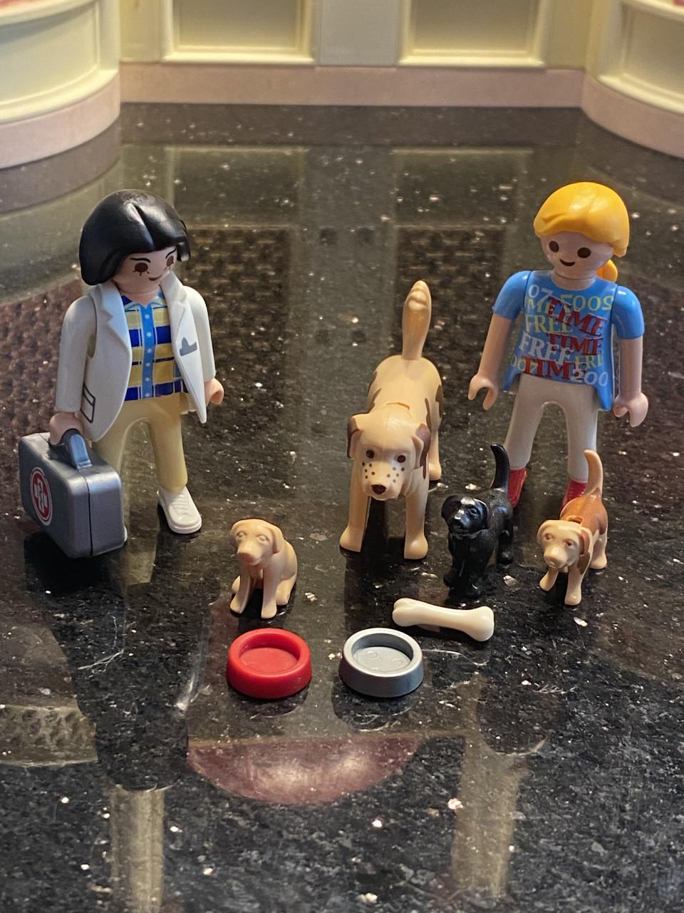 Playmobil hond met puppy’s baasje en (dieren)arts