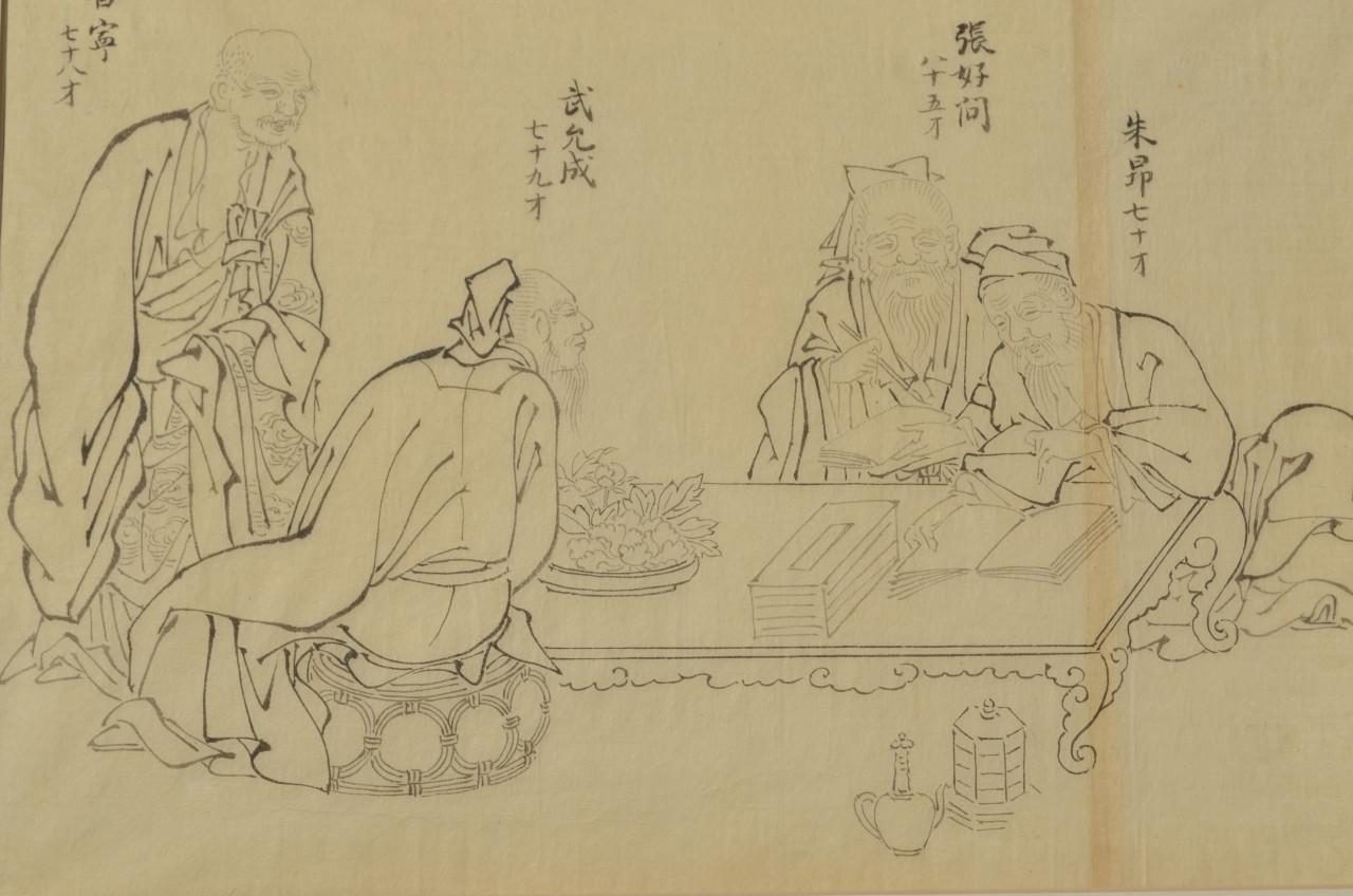 Mooie Chinese tekening Confuciaanse geleerden ca. 1900 (1) deels geinkt.
