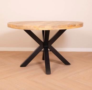 Ronde Mangohouten Tafel (150 cm) + 8 Velours Cognac Eetkamerstoelen