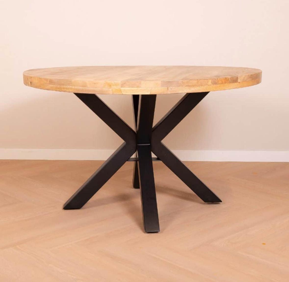 Ronde Mangohouten Tafel (150 cm) + 8 Velours Cognac Eetkamerstoelen