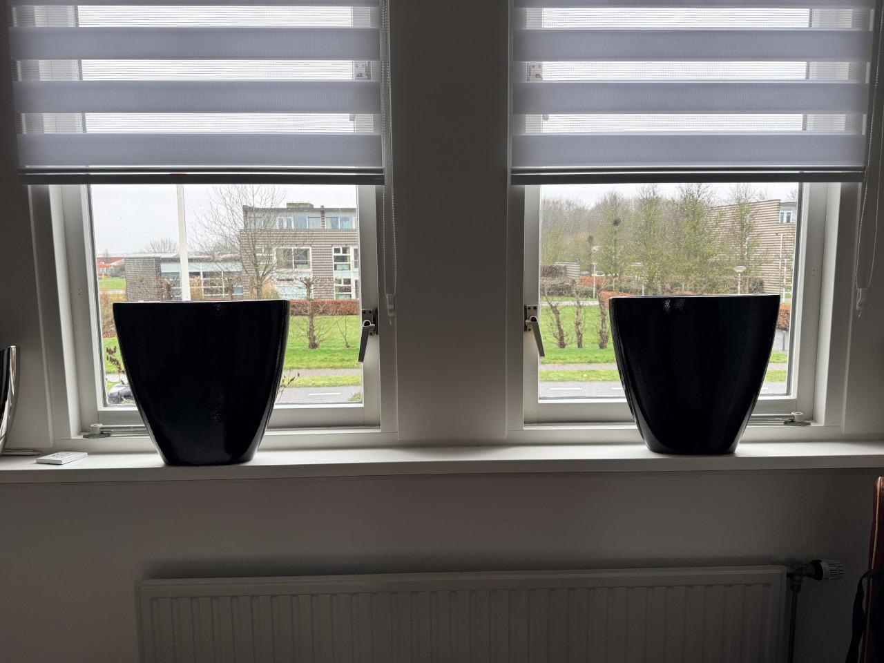 Bloempot/vaas zwart, bloempot/vaas zilverkleurig