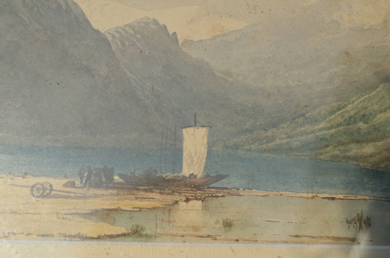 Aquarel berglandschap met een zeilscheepje. Aziatisch?
