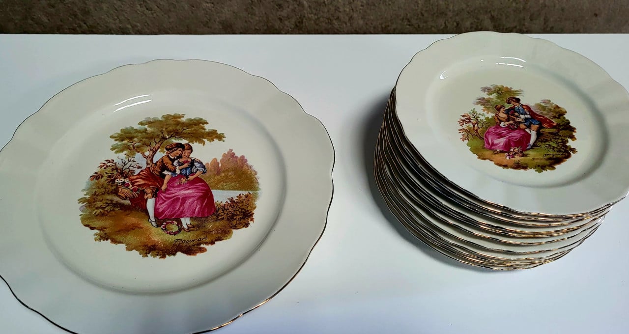 9 Brocante gebaksbordjes en taartschaal