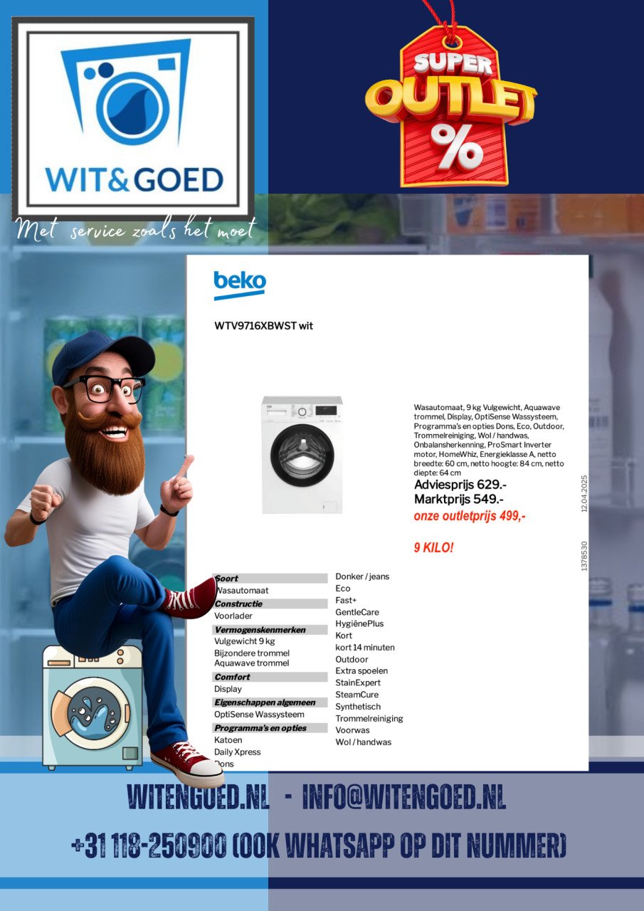 Beko wasmachine 9kg 1400tpm 2jr fabrieksgarantie steamcure A (Outlet/nieuw)