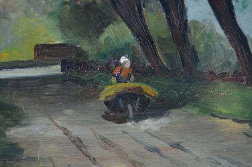 Olieverf op doek Landweg, boerin met kruiwagen J Millinger