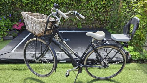 Batavus damesfiets met kinderzitje achterop.