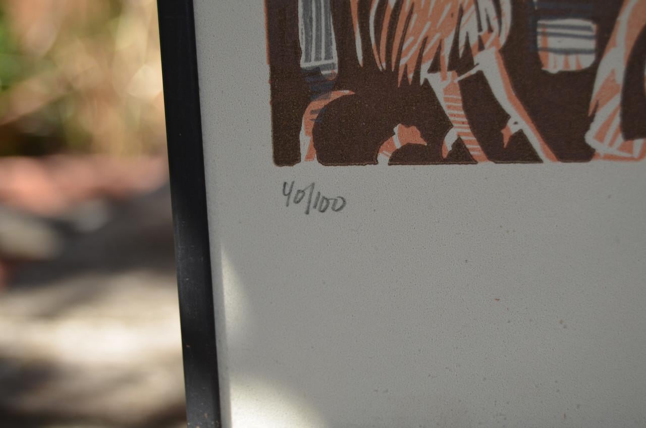Litho/zeefdruk 'kippen en haan op de boerderij' gesign. gen.