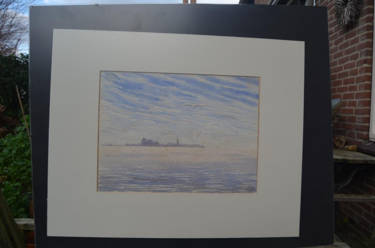 Aquarel skyline van Veere gemonogrammeerd.