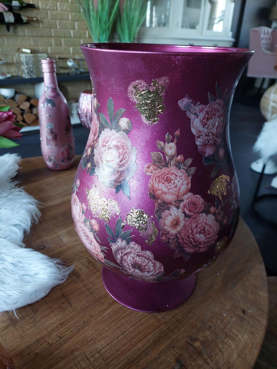 Nw Decoupage Romantische bloemen vaas