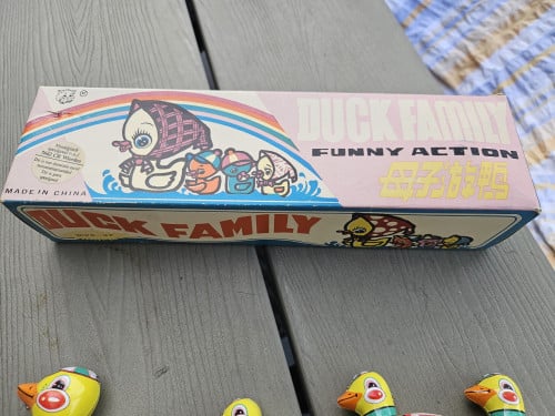 Vintage jaren 70 blikken (duck family)opwindbaar speelgoed met doos