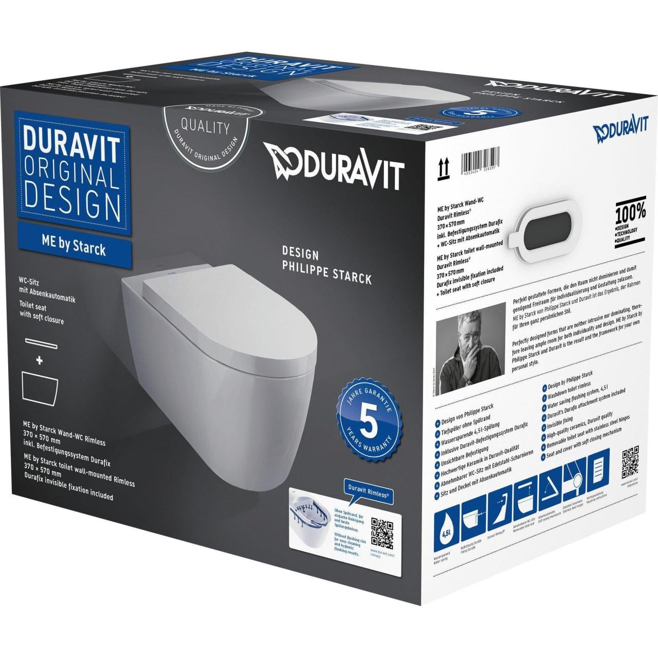 Duravit Me by Starck hangtoilet, diepspoel en rimless.