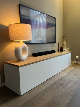 Tv meubel, 180x42x38, wit met houten blad