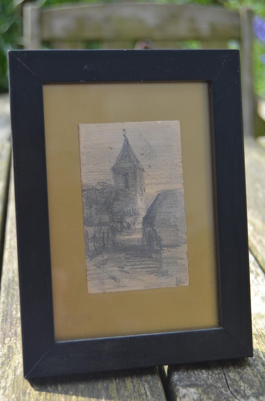 Kleine schets tekening van een kerkje, Gesign. 'HK'