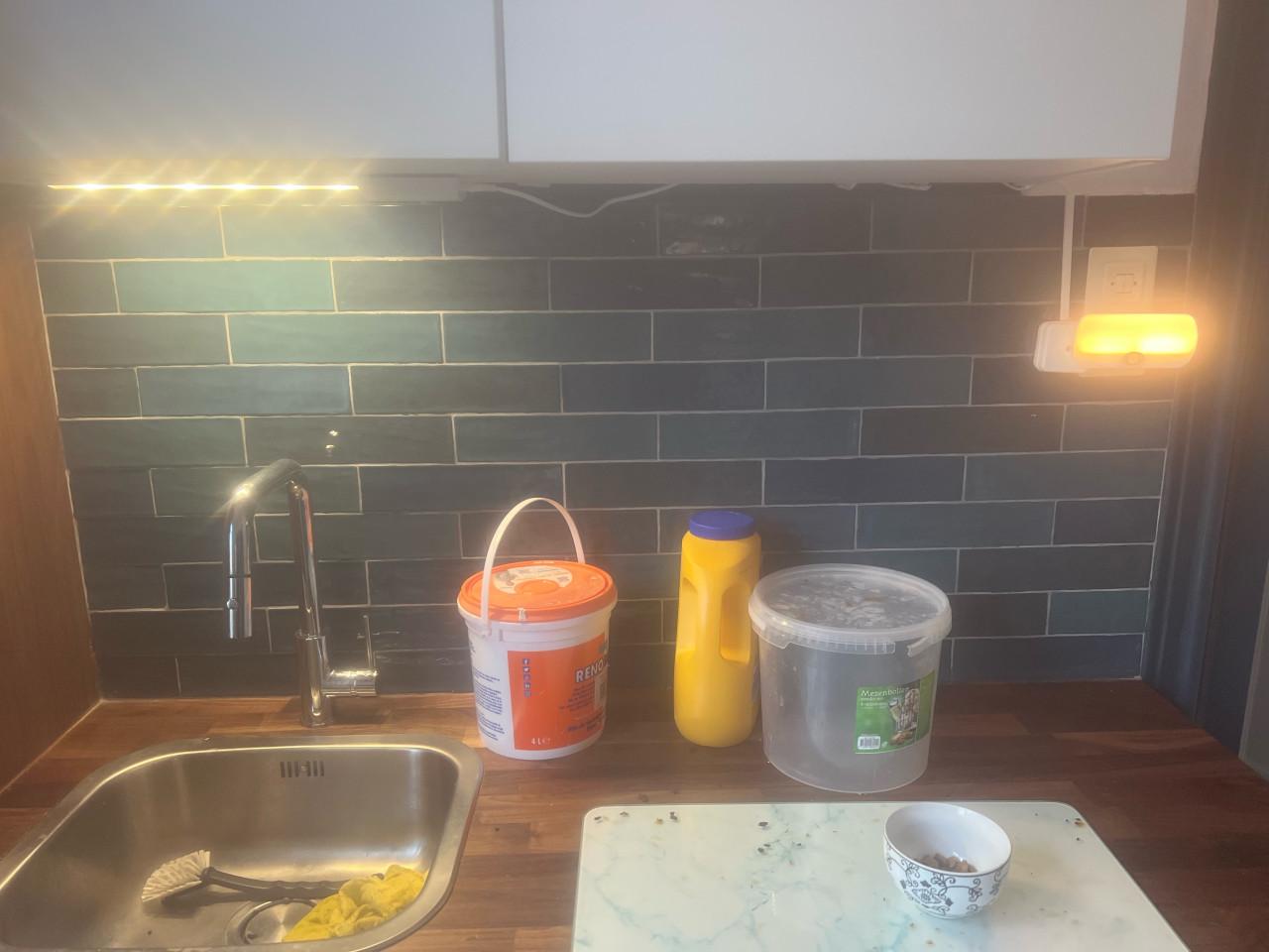 Pelleto blauw brillo tegels plus grijze vloertegels