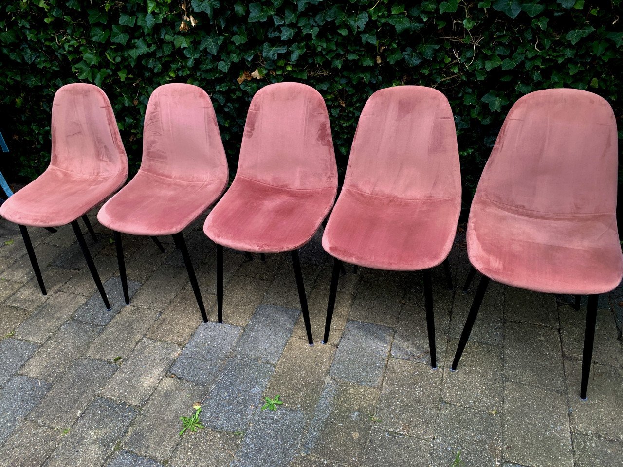 5 oudroze fluwelen stoelen