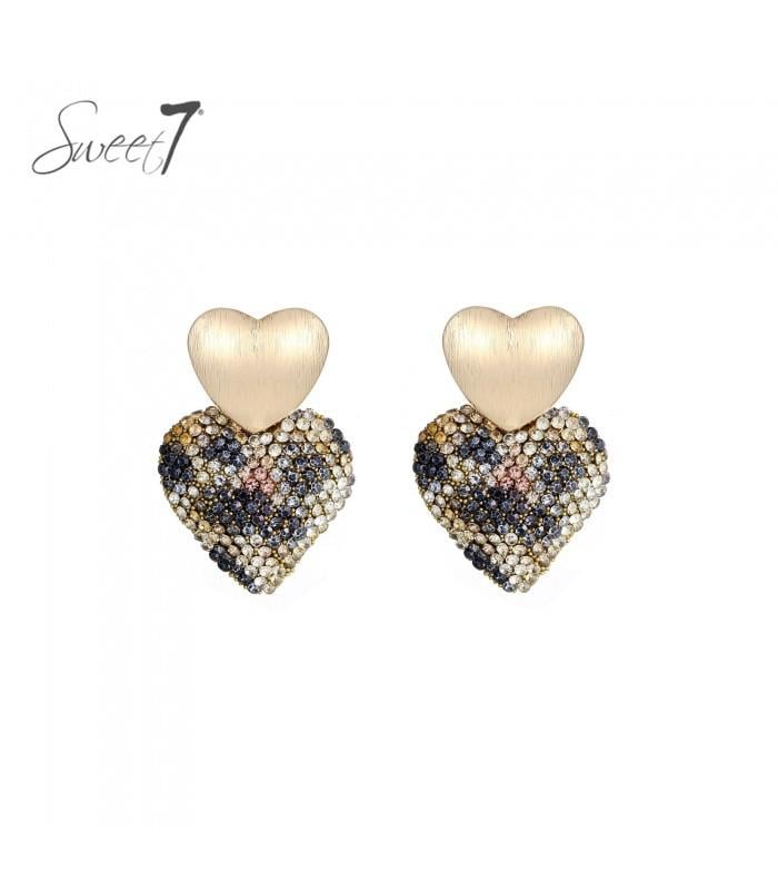 Oorbellen met gekleurde strass steentjes en een goudkleurig hart