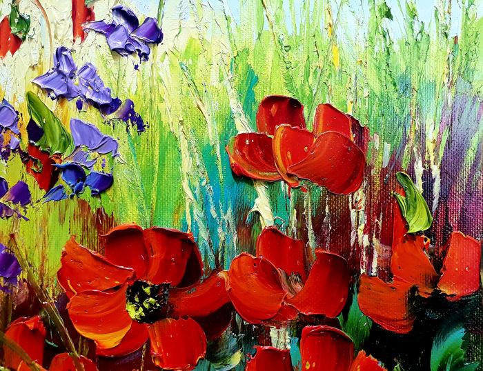 " Flowers in the Meadow "Prachtig Olieverfschilderij van Urszula Lemańska