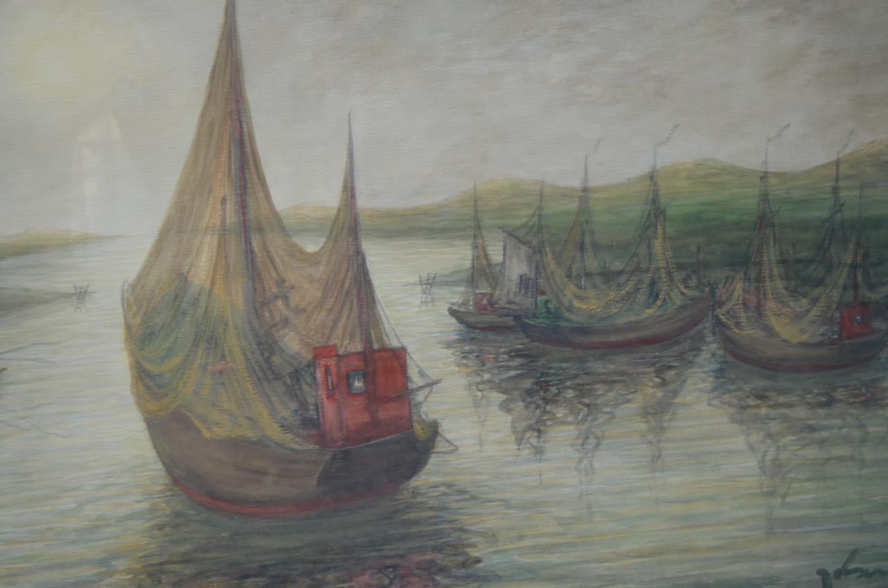 Groot schilderij Vissersscheepjes in goede staat Theo Idserda
