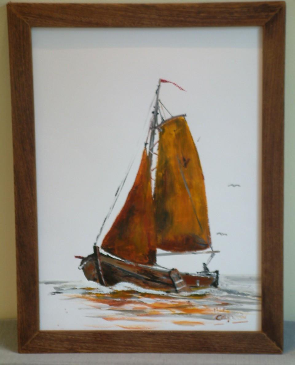 Oude visserij op de zeil  30 x 40 cm met lijst er om 45 euro