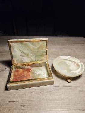 Prachtig italiaanse vintage set marmer/onyx, kistje en asbak