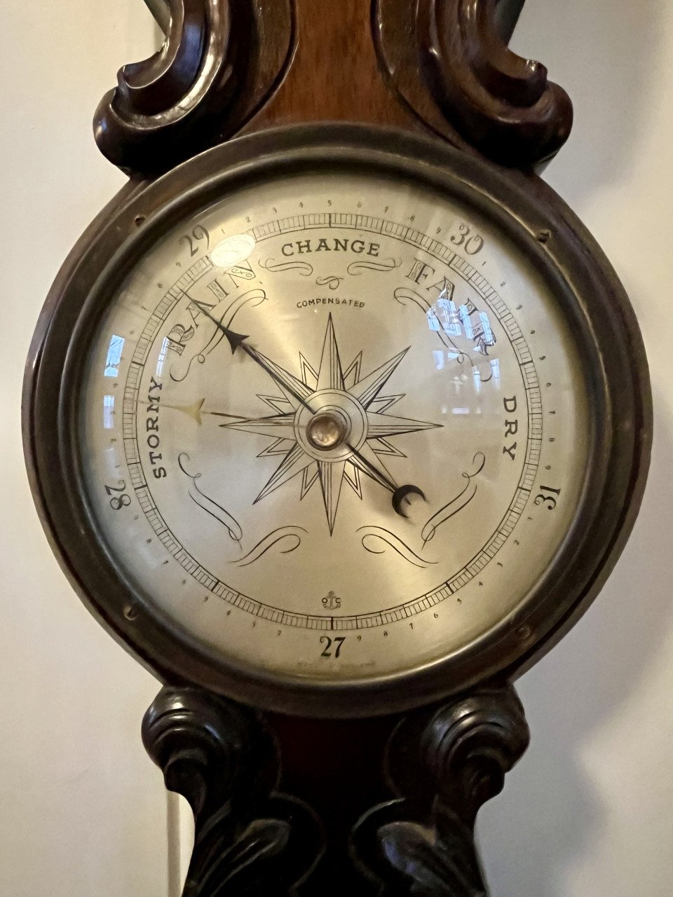 Antieke Engelse mahoniehouten barometer met kwikthermometer
