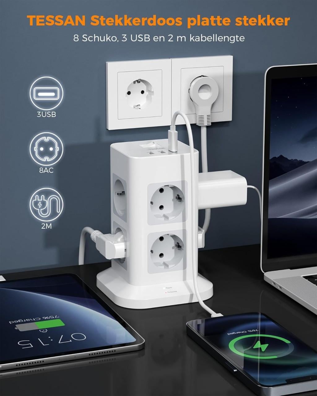 TESSAN 8 Voudige Stekkerdoos, Stekkerdoos met 3 USB poorten