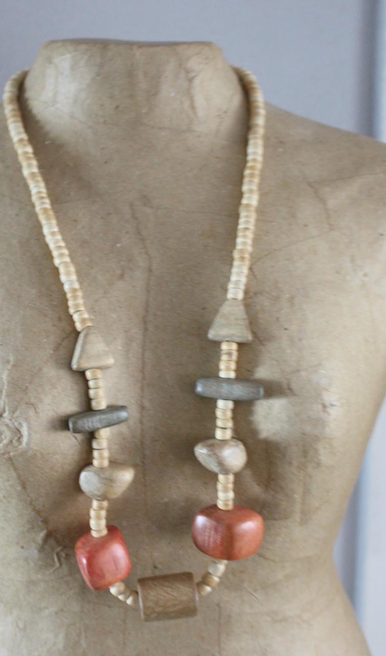 Houten ketting beige oranje grijze kralen