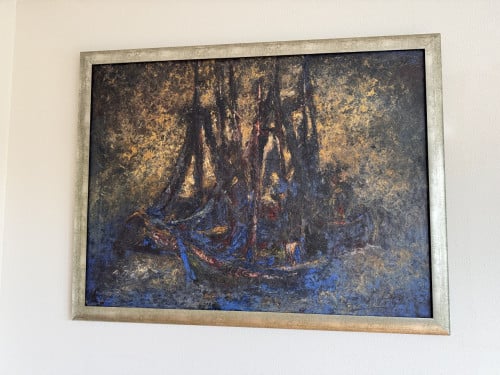 Schilderij vissersboten met drogende netten Bram Pihl