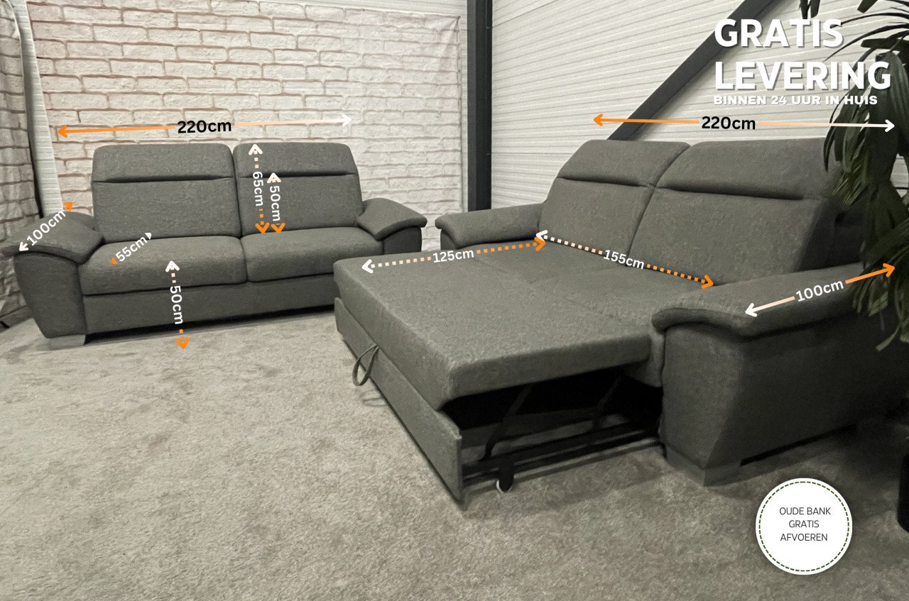 GRATIS LEVERING HEEL NL H&H 2x3 Zits Stoffen Bankstel + Slaap functie