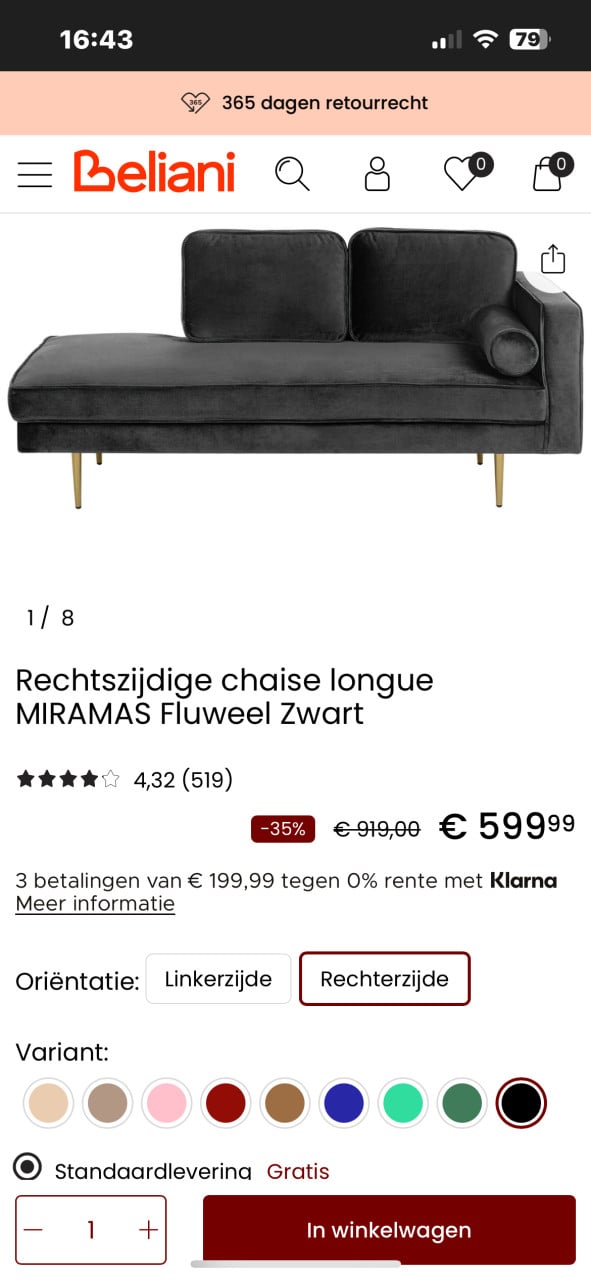 Chaise longue zwart fluweel