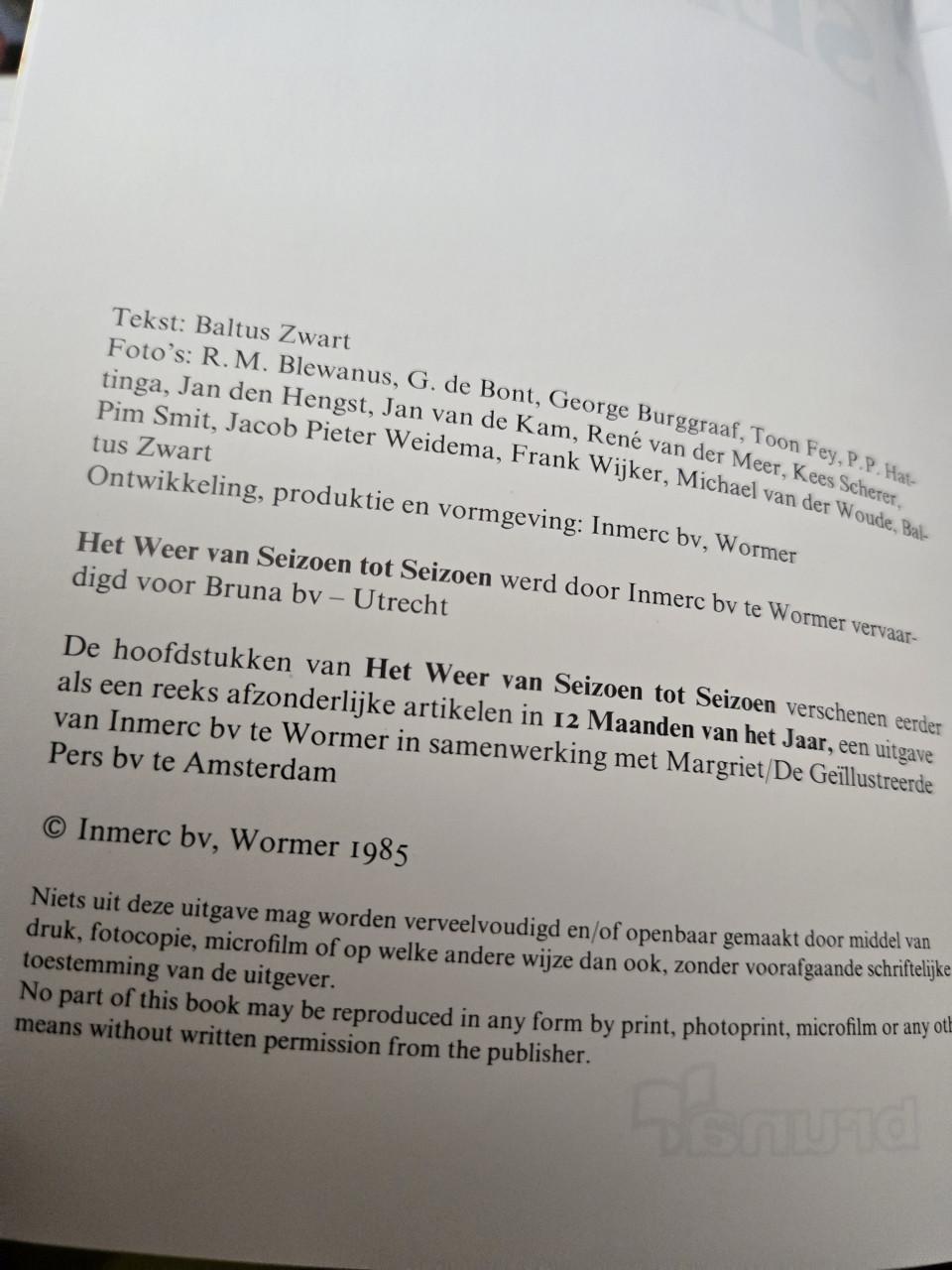 Boek  "Het Weer van Seizoen tot Seizoen" geschreven door Baltus Zwart 1985