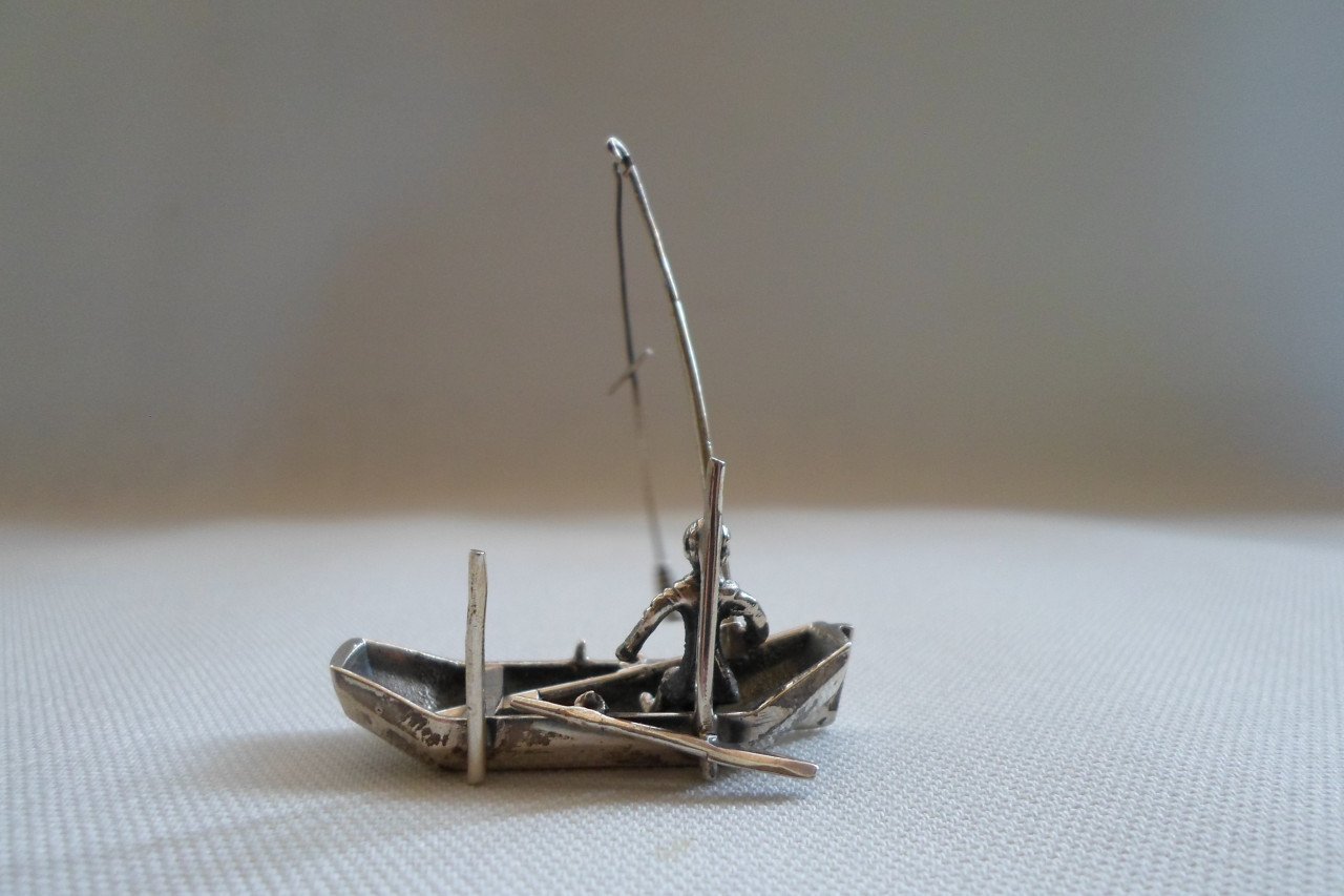 Zilver Miniatuur Visser Boot Hengel
