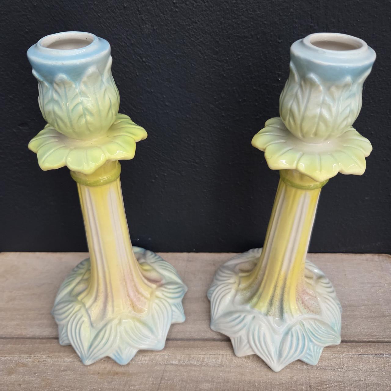 Stel art Nouveau barbotine kandelaars van Bordallo Pinheiro