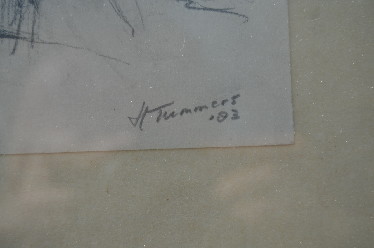 Houtskooltekening (?) schapen, mishandeld zo te zien, door H. Tummers 1983