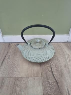 Prachtige groene gietijzeren theepot met hengsel en deksel.