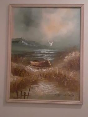 Schilderij "Roei-Boot gestrand in de Duinen "
