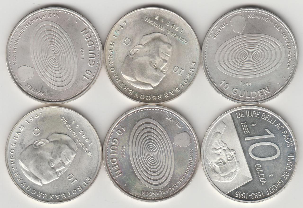 Beatrix 6 stuks Zilveren 10 Gulden.