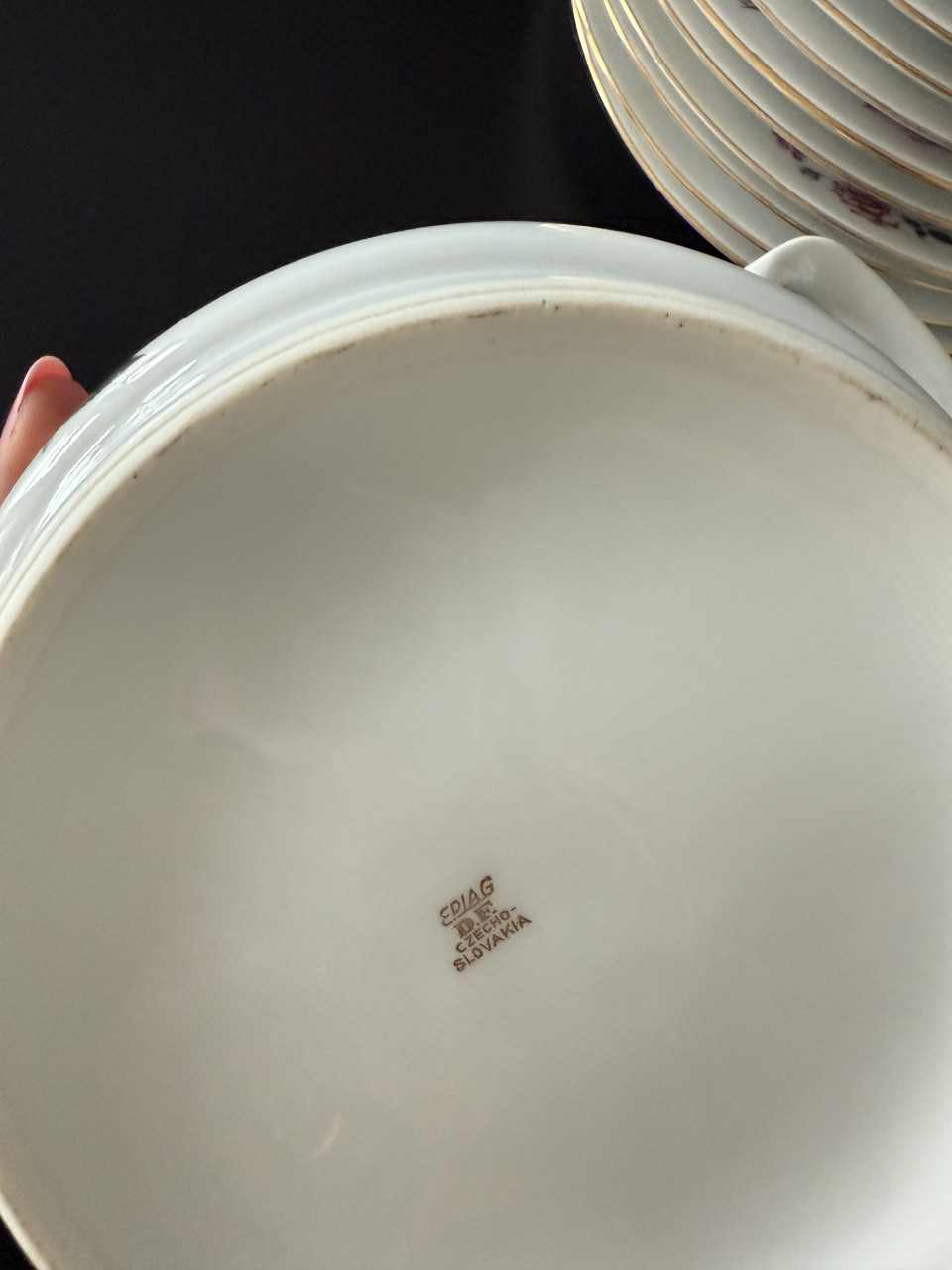 12-delig servies gouden rand en roze roosjes epiag D.F. Czecho slovakia