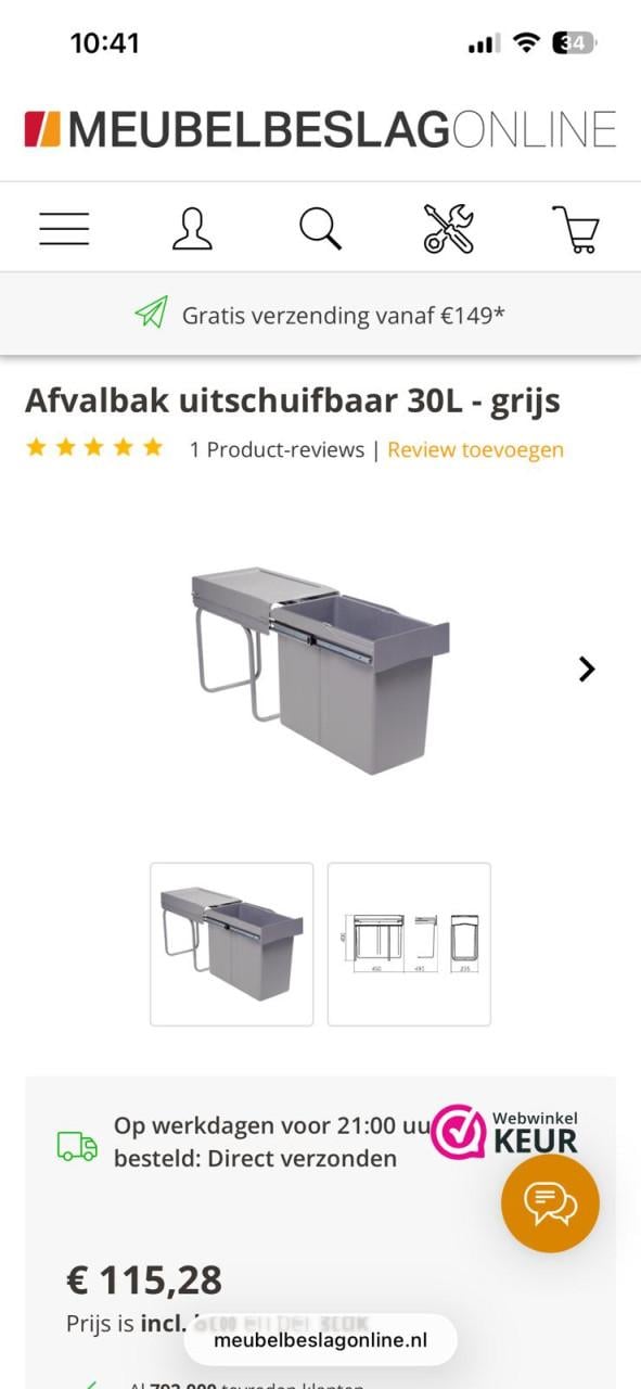 Afvalemmer 30lt voor inbouw in keukenkast