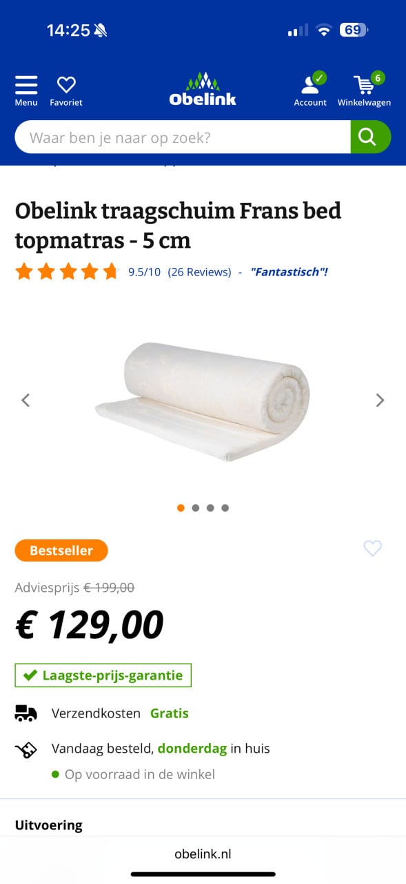 Obelink traagschuim Frans bed topmatras