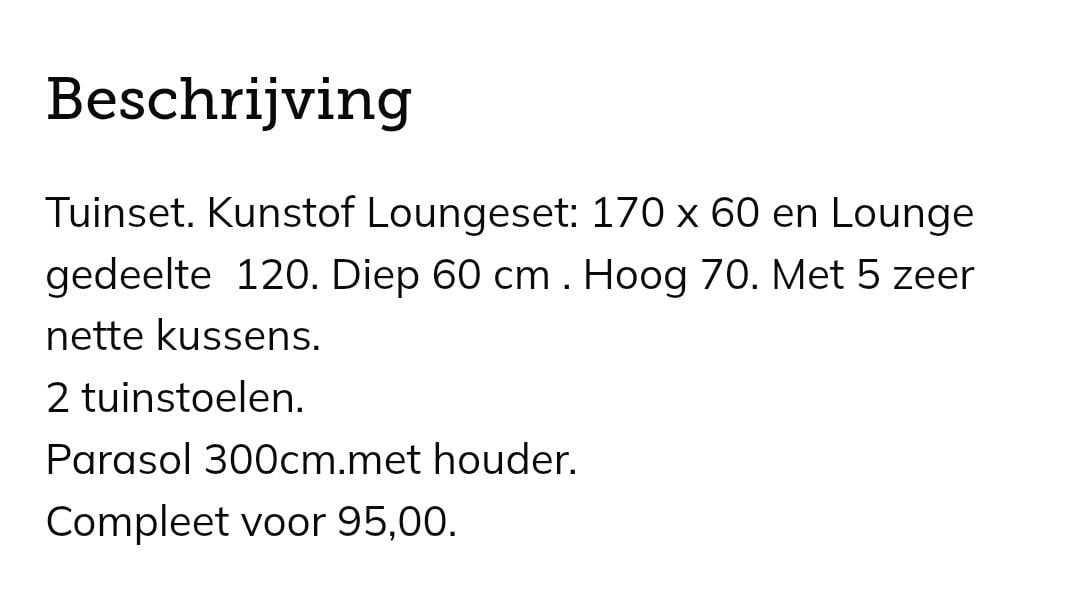 Loungeset/ kussens, parasol +standaard,  2 stoelen