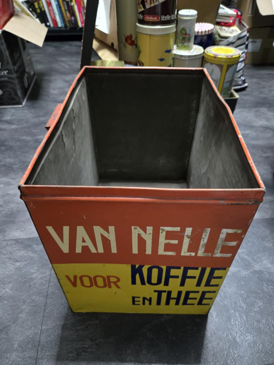 Groot, vintage Van Nelle voorraadblik voor koffie en thee jaren 30 tot 50