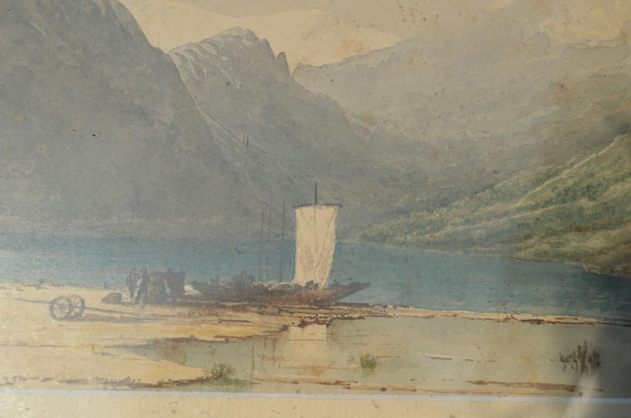 Aquarel berglandschap met een zeilscheepje. Aziatisch?